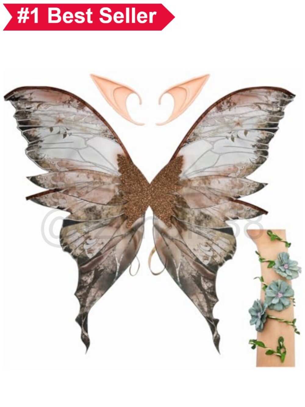🎃 Fairy Wings for Adults Costume Set with Elf Ears and Flower Arm Wrap
